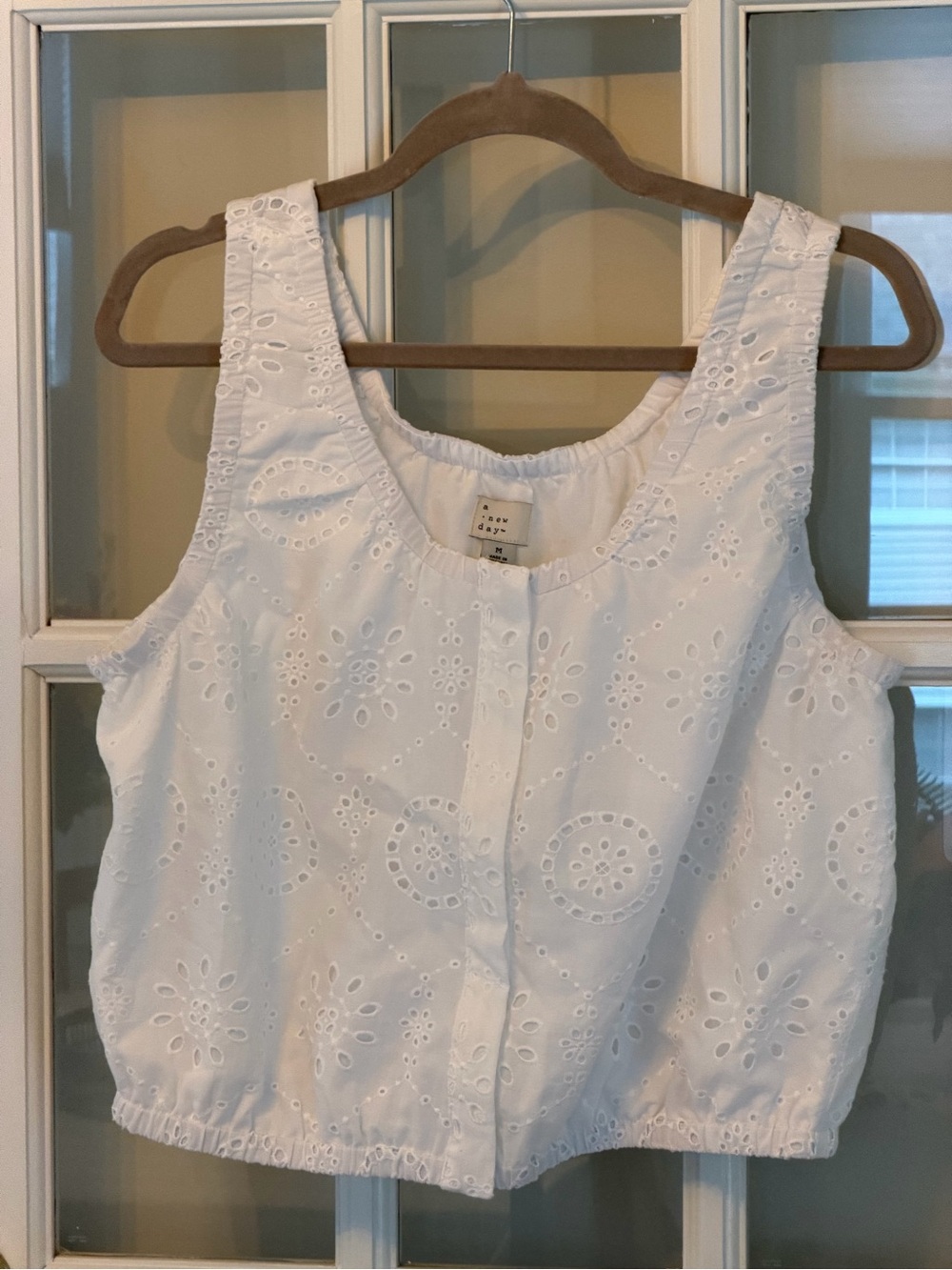 a new day White Eyelet Button-Front Cropped Tank